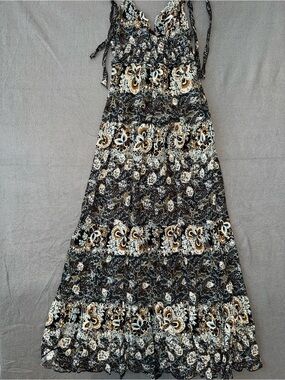 Free People Black and Cream Floral Tie-Shoulder Maxi Dress XS